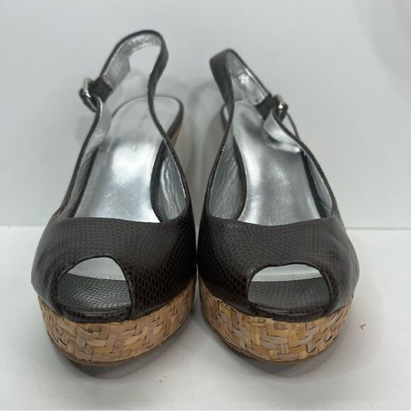 Banana Republic Black Croc Ankle Strap Open Toe Slingback Wedge Shoes - Picture 5 of 11